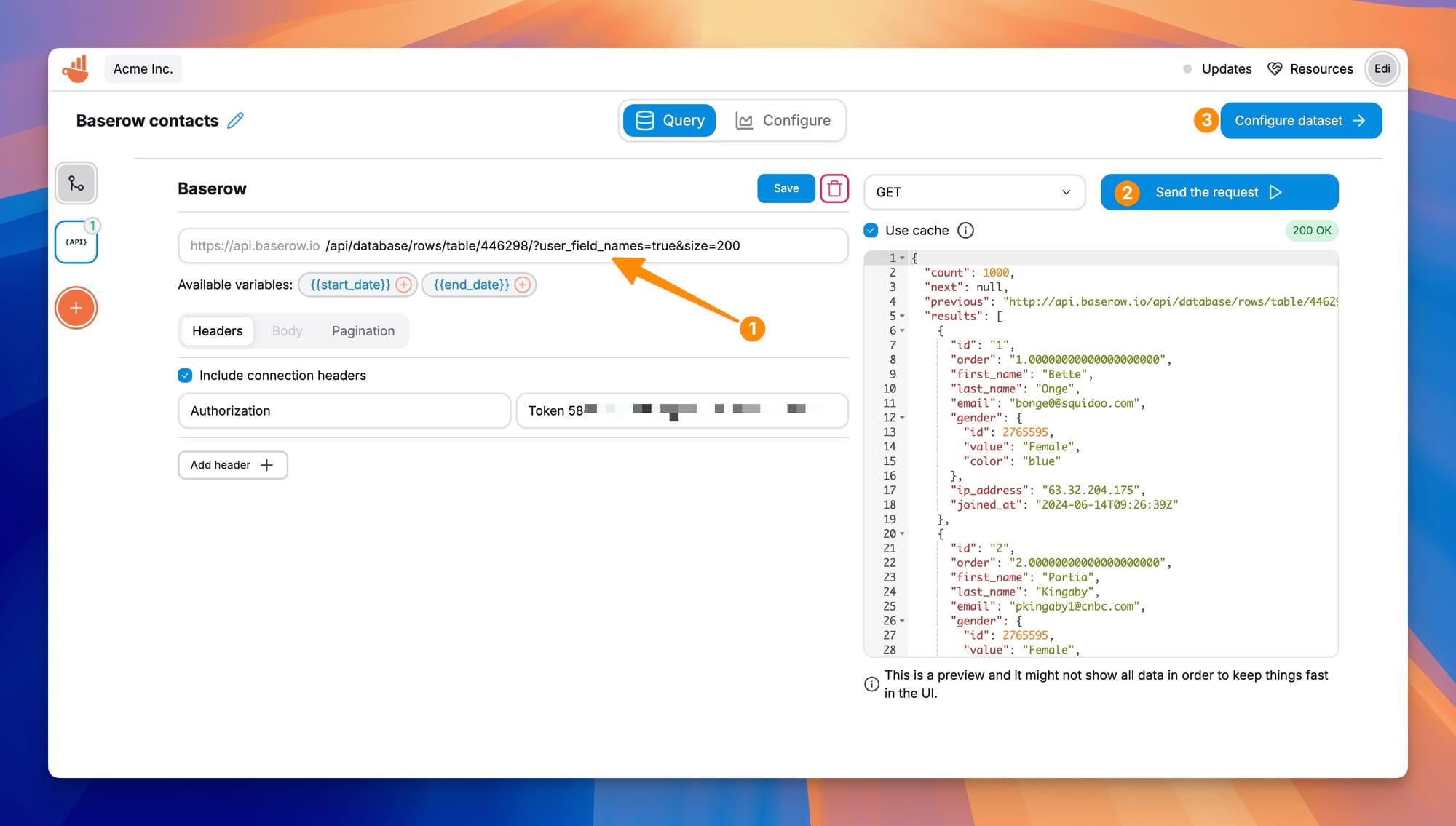 Fetch Baserow data from Chartbrew