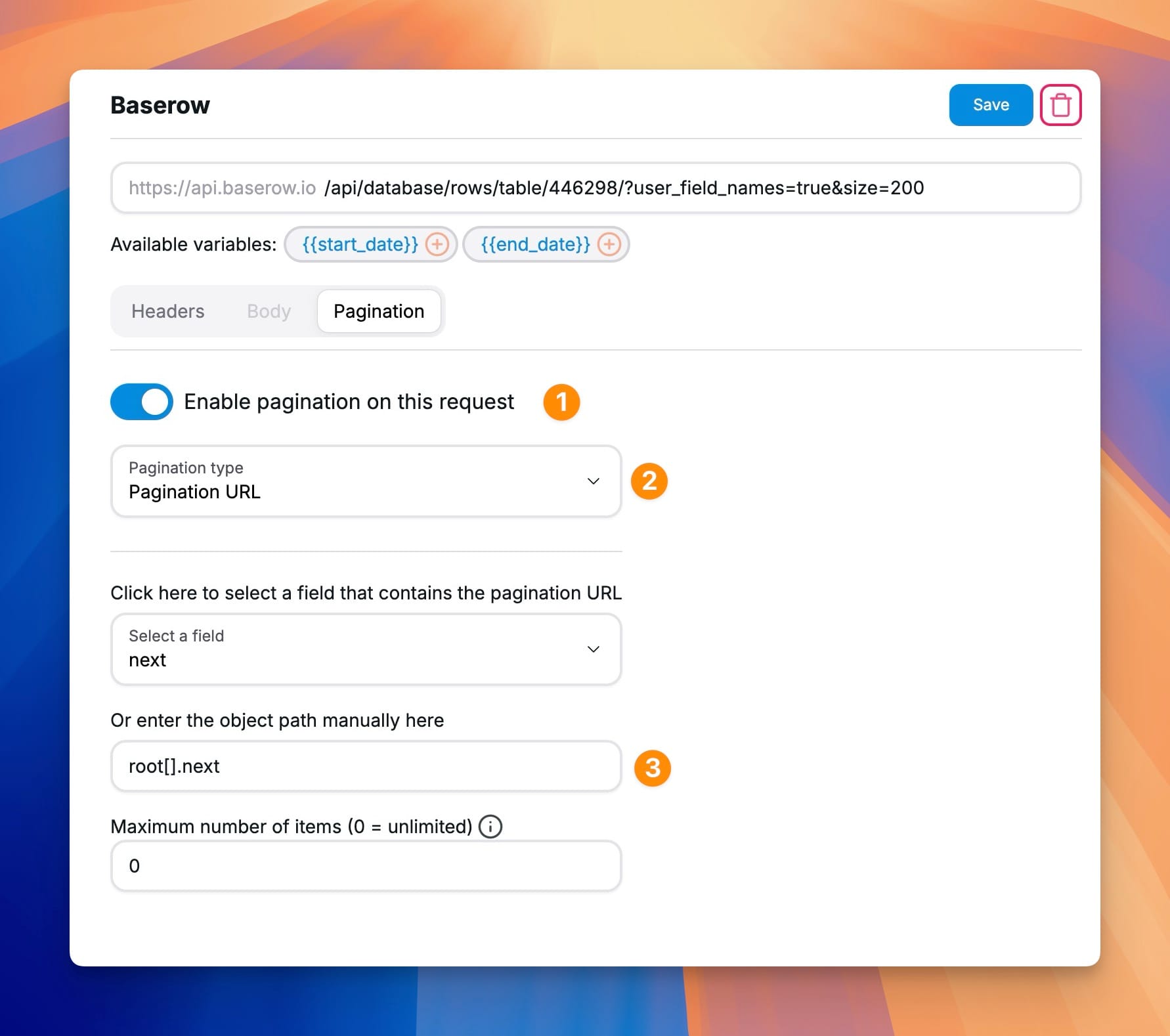 Baserow pagination setup in Chartbrew