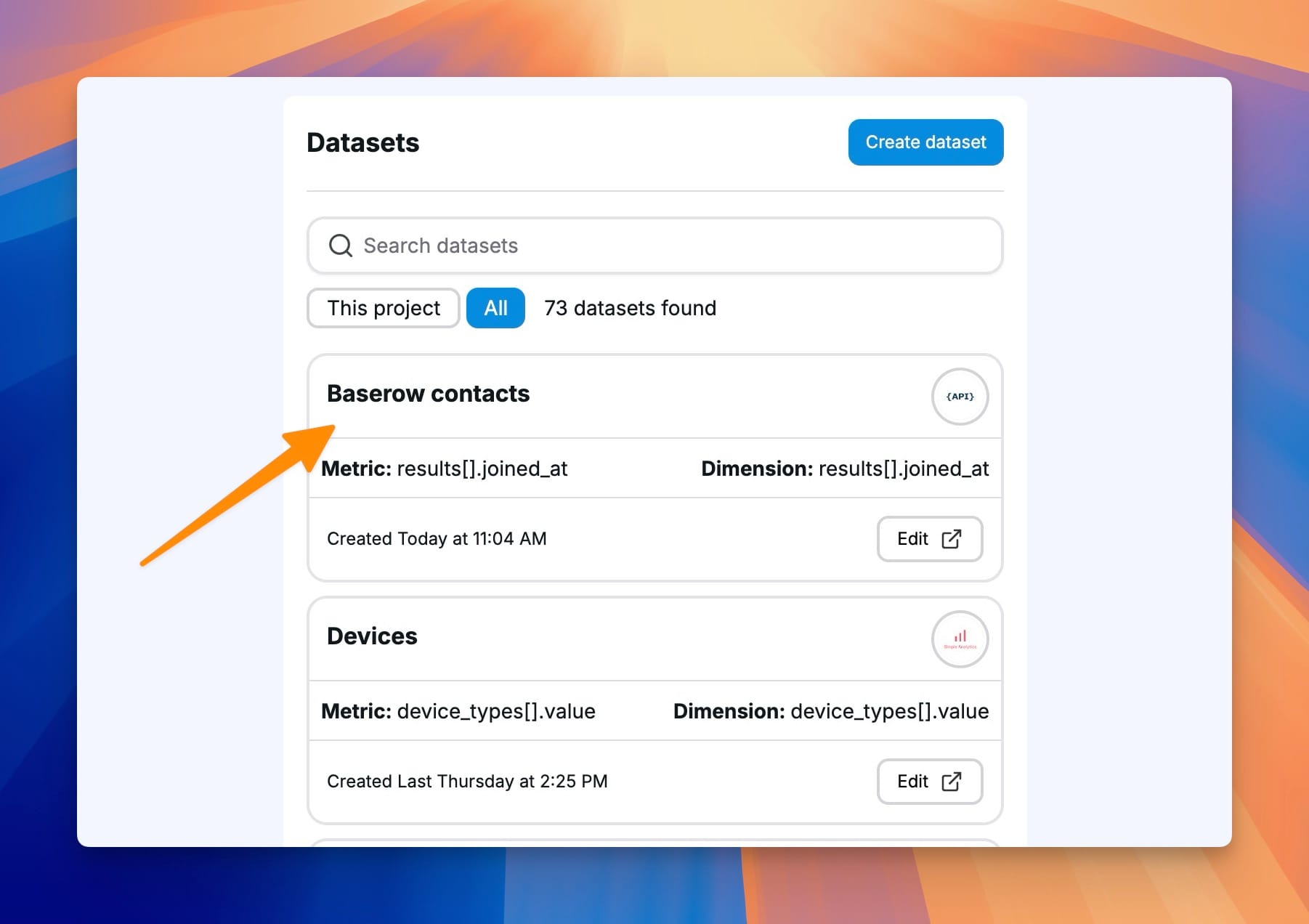 Selecting Baserow datasets for new charts in Chartbrew