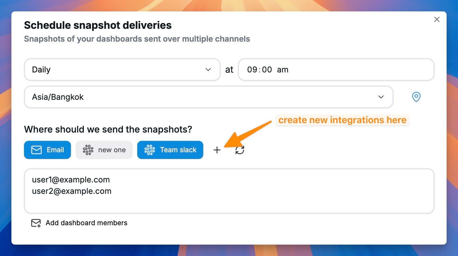 Adding snapshot delivery channels in Chartbrew