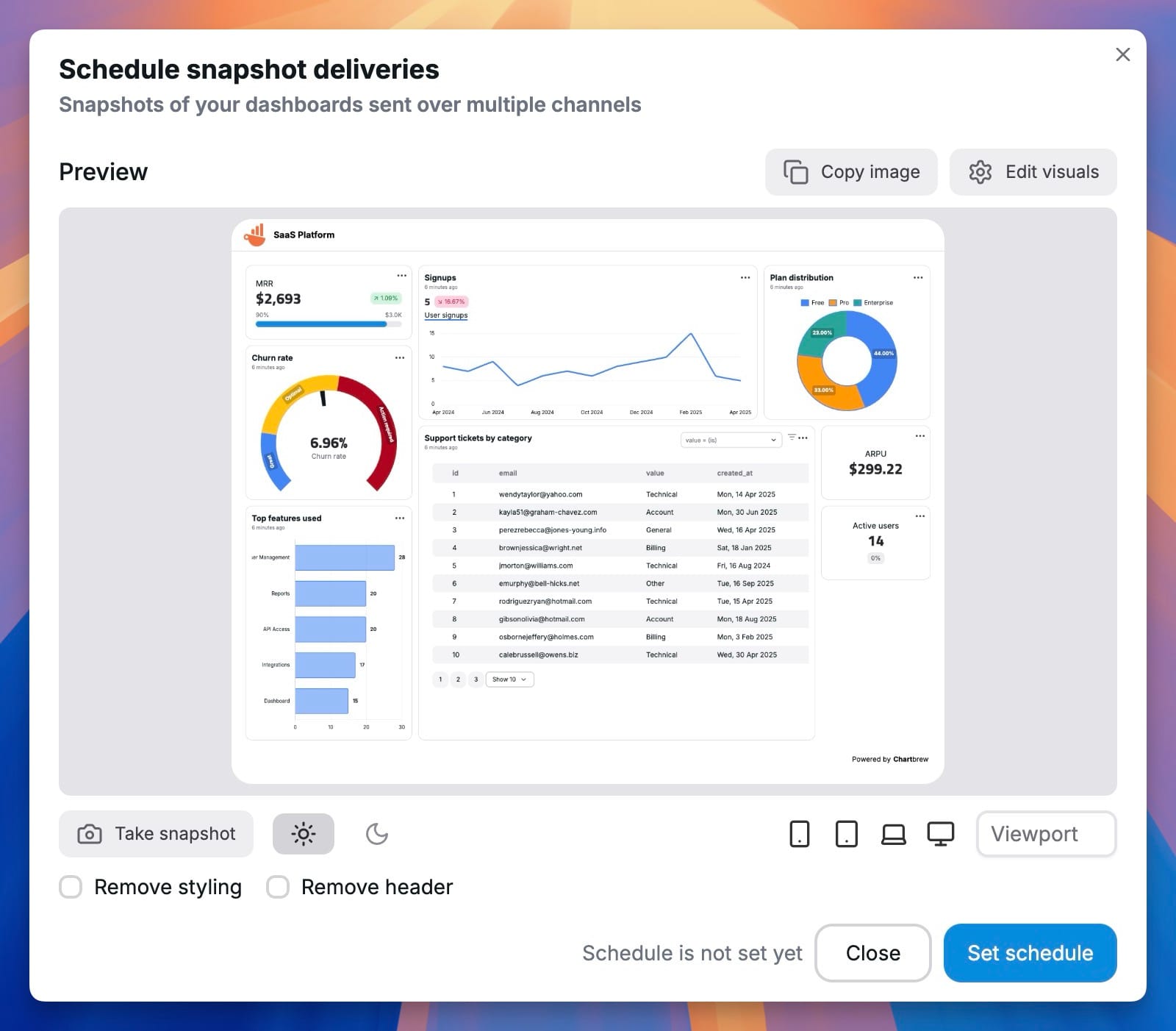 Style dashboard snapshots in Chartbrew