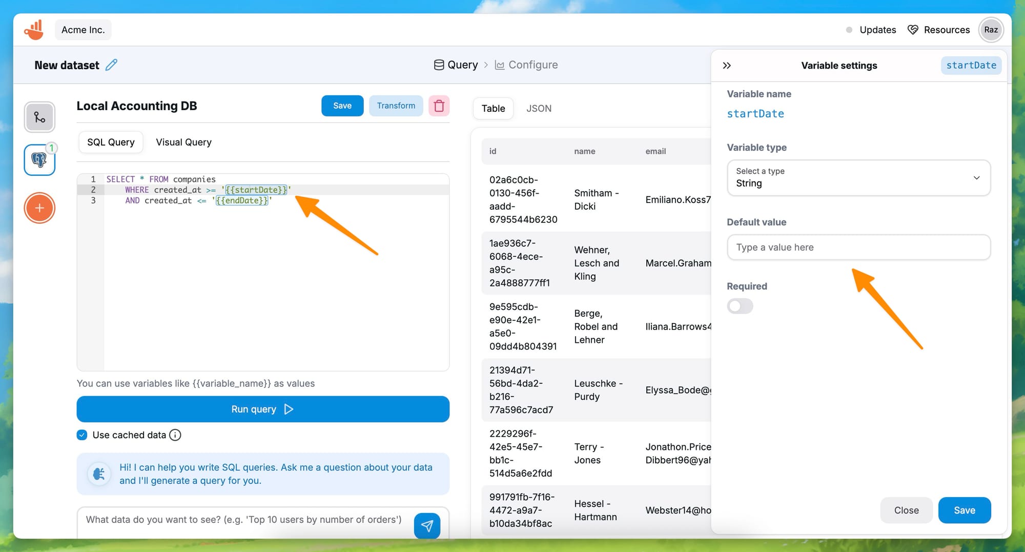 Inserting variables queries in Chartbrew
