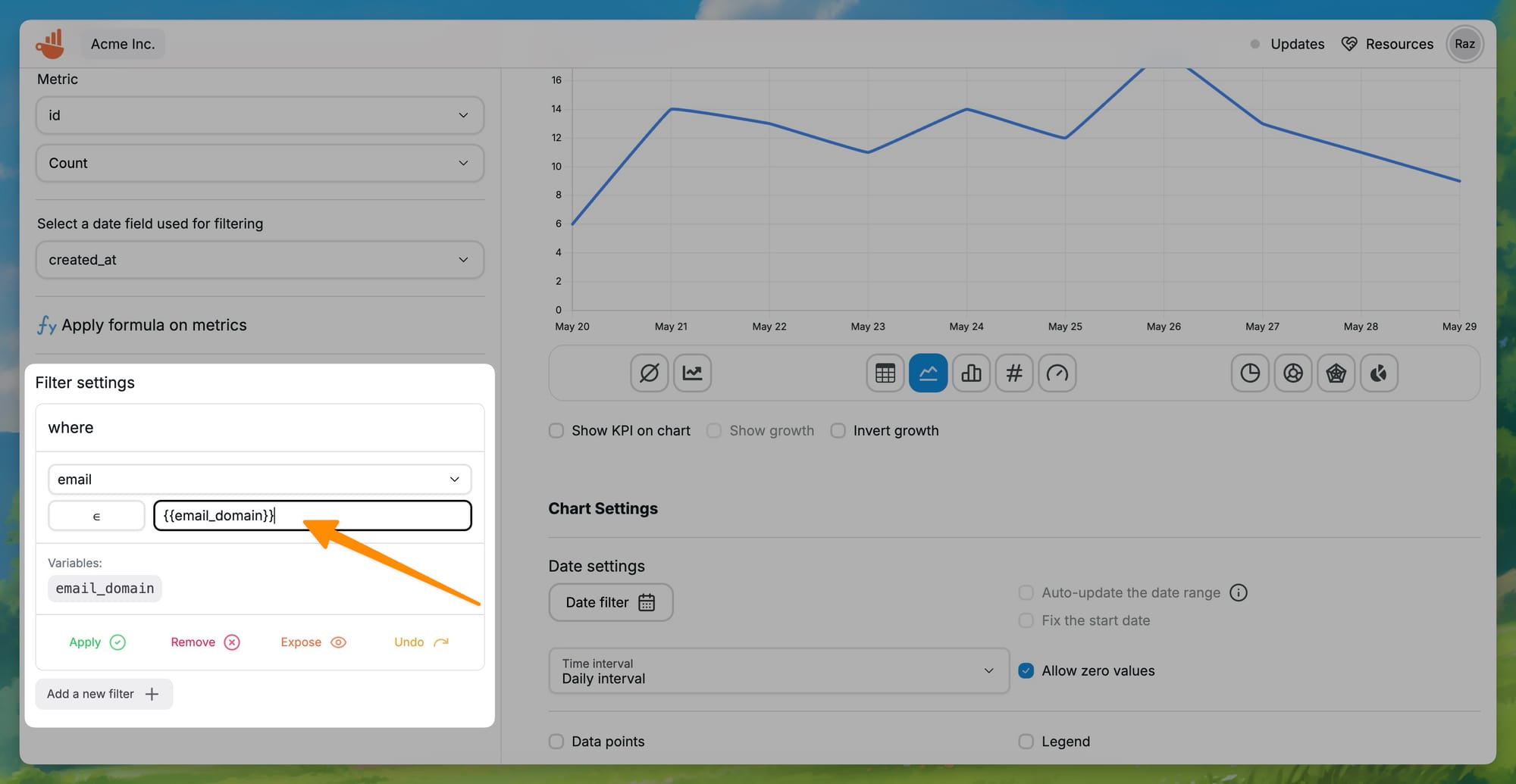 Dataset filter variables in Chartbrew