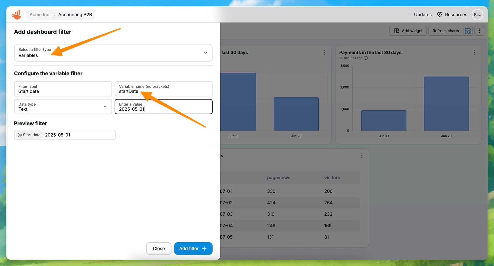 Configuring a dashboard variable in Chartbrew