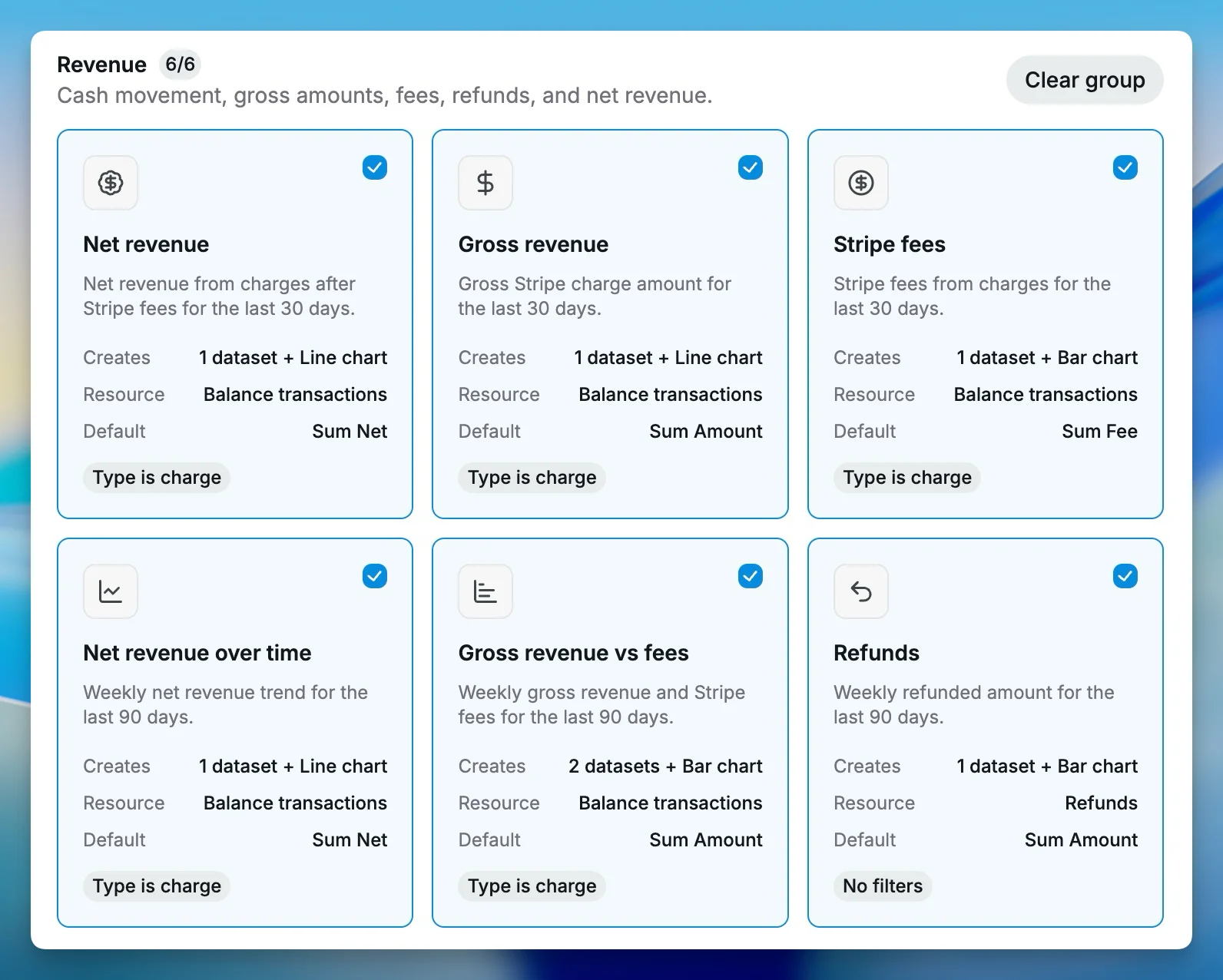 Stripe template selection screen