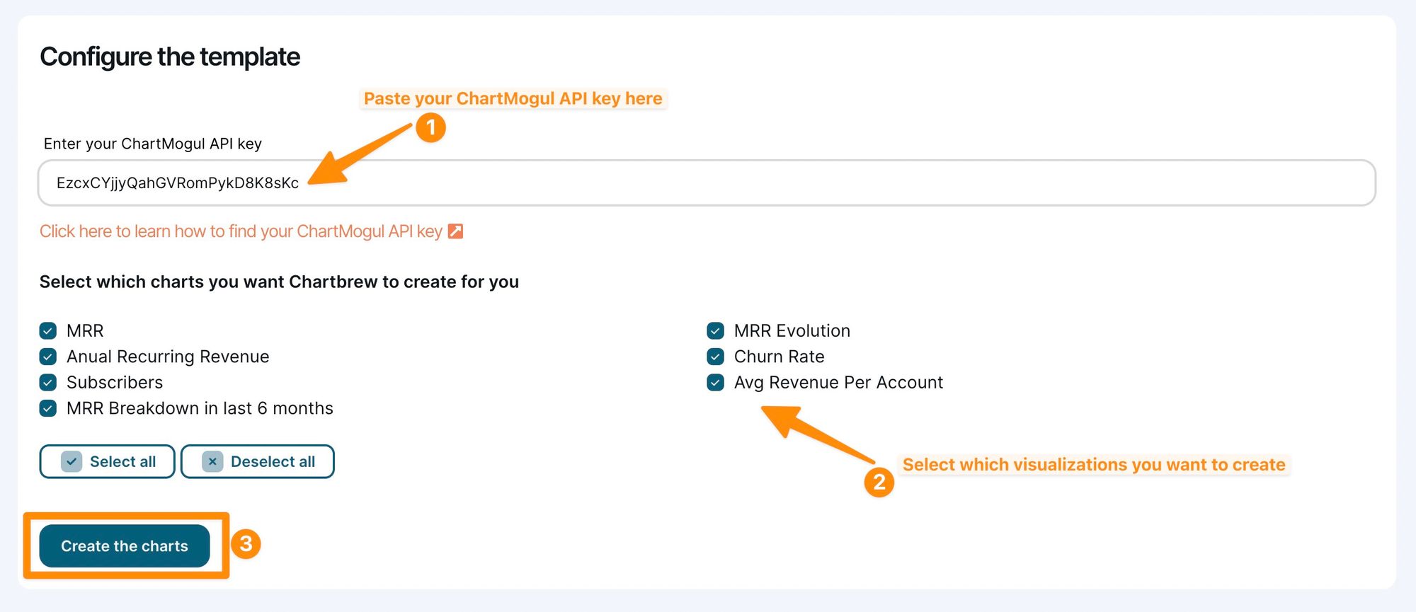 Select ChartMogul charts to create in Chartbrew