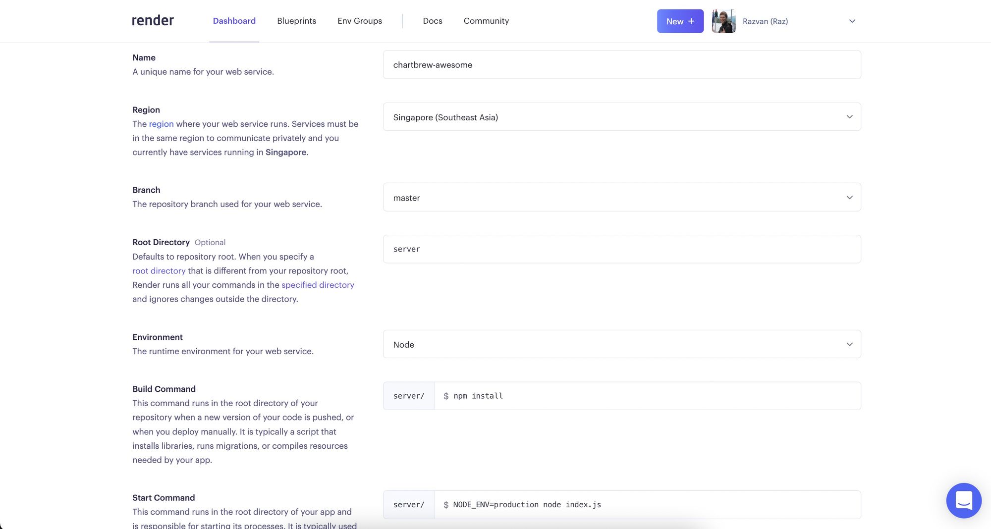 Chartbrew backend options for Render