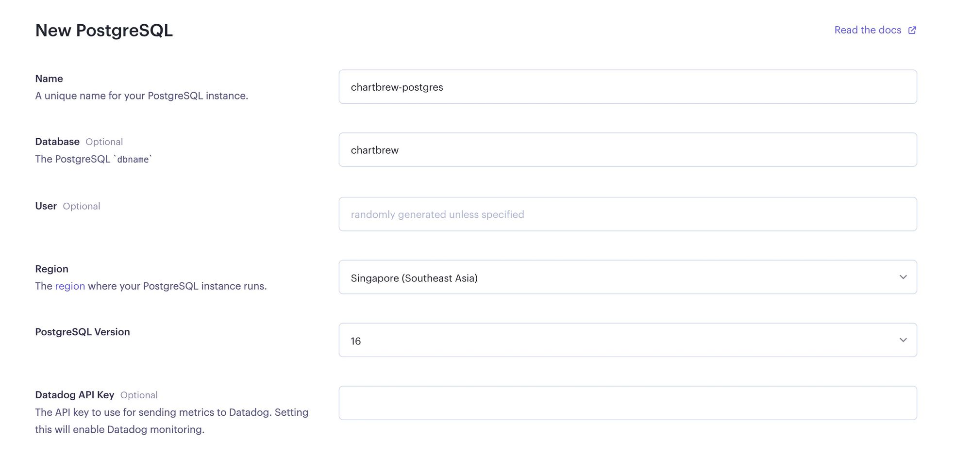 Chartbrew Postgres database settings