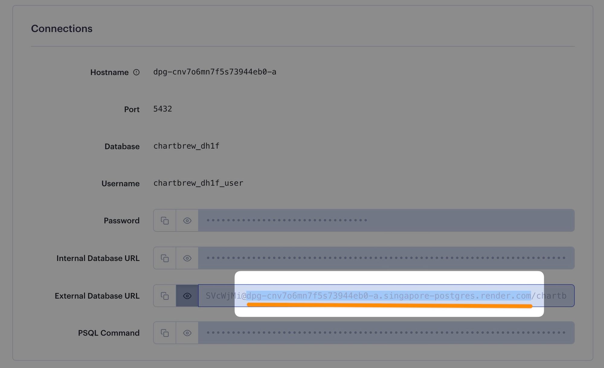 Finding the hostname in the external database string on Render