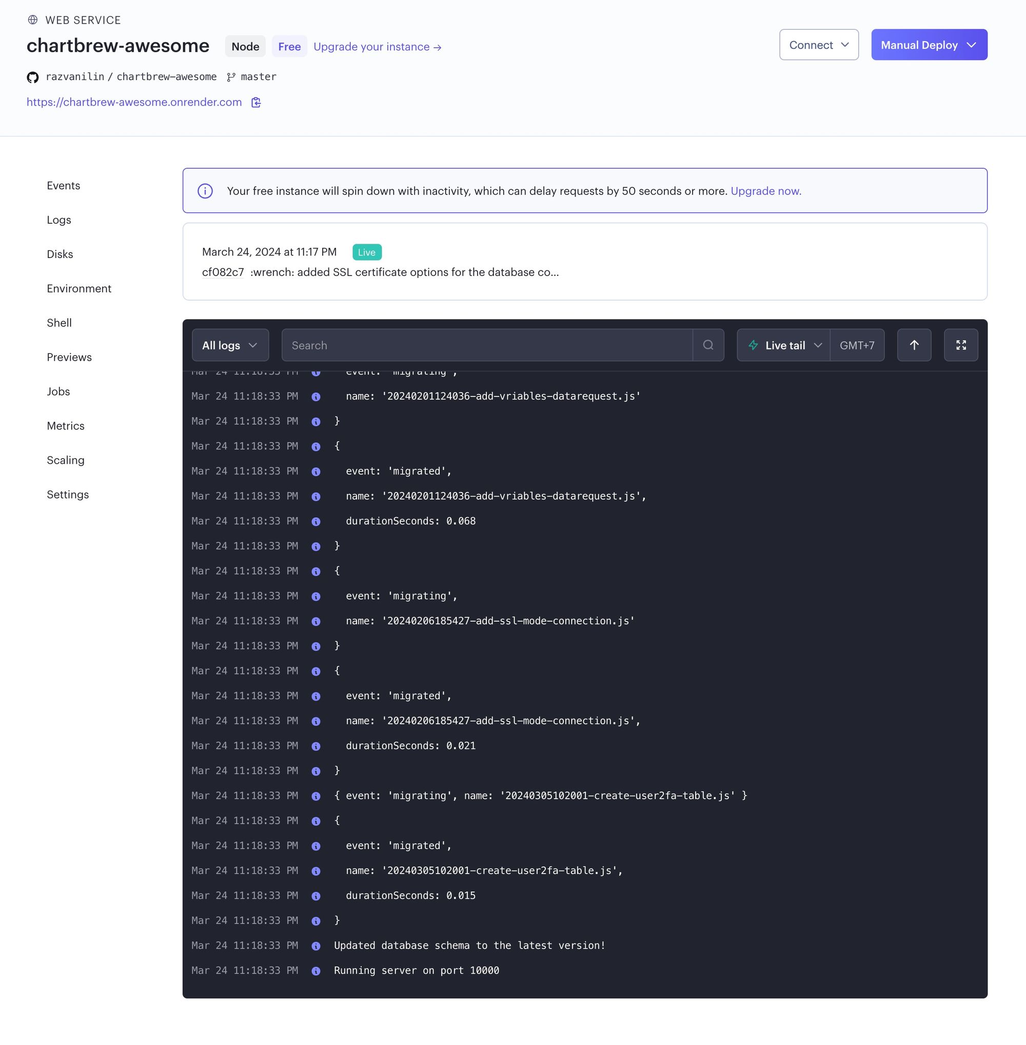 Chartbrew deployment logs on Render