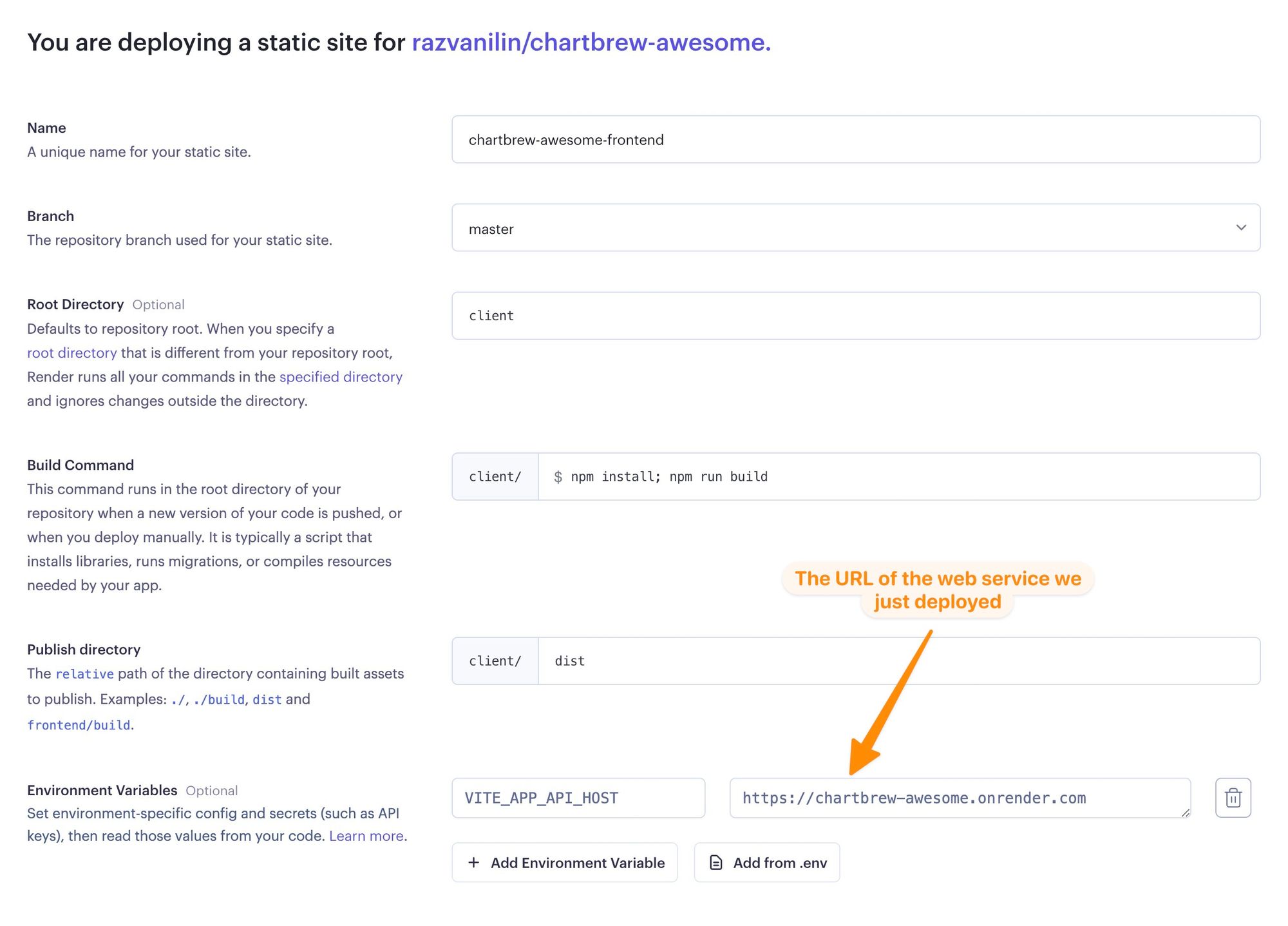 Setting up the Chartbrew front end on Render