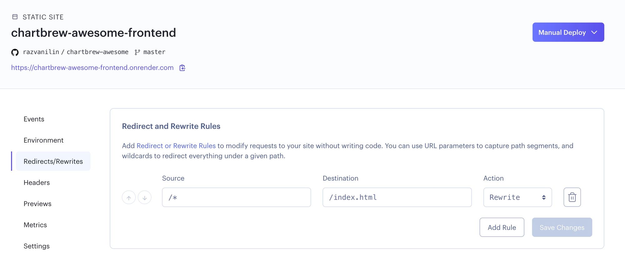 Rewrite rules for the Chartbrew front-end on Render