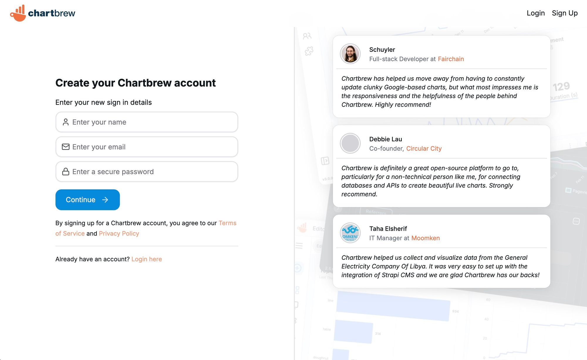 The Chartbrew signup page