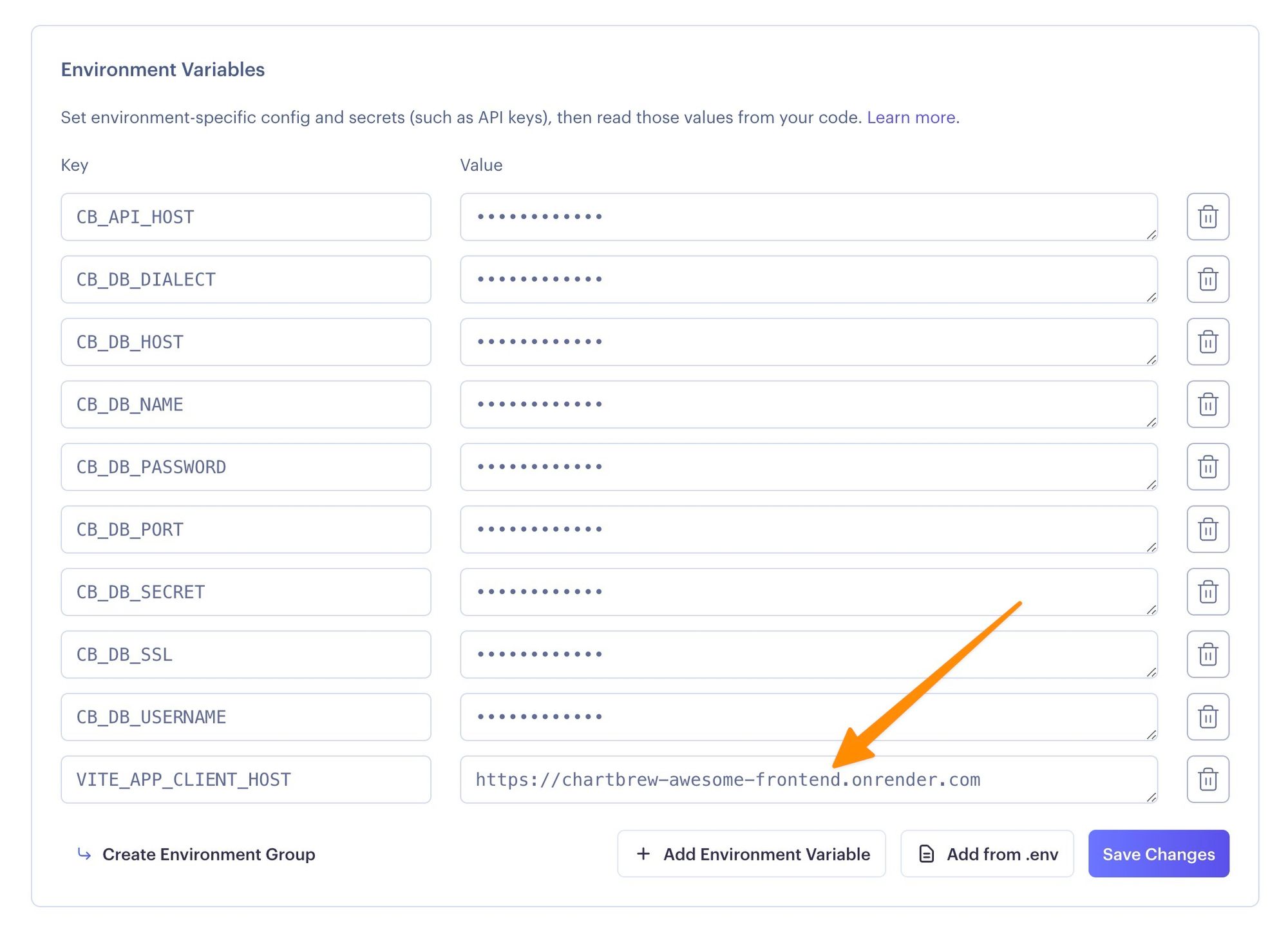 Adding the Chartbrew client URL as a variable
