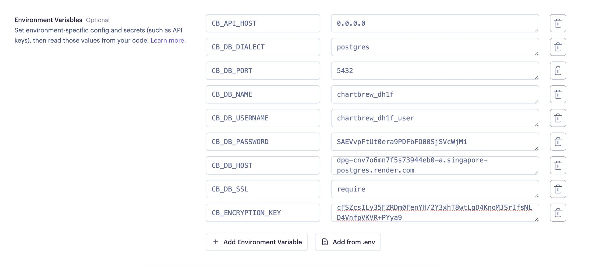 Chartbrew environment variables in Render