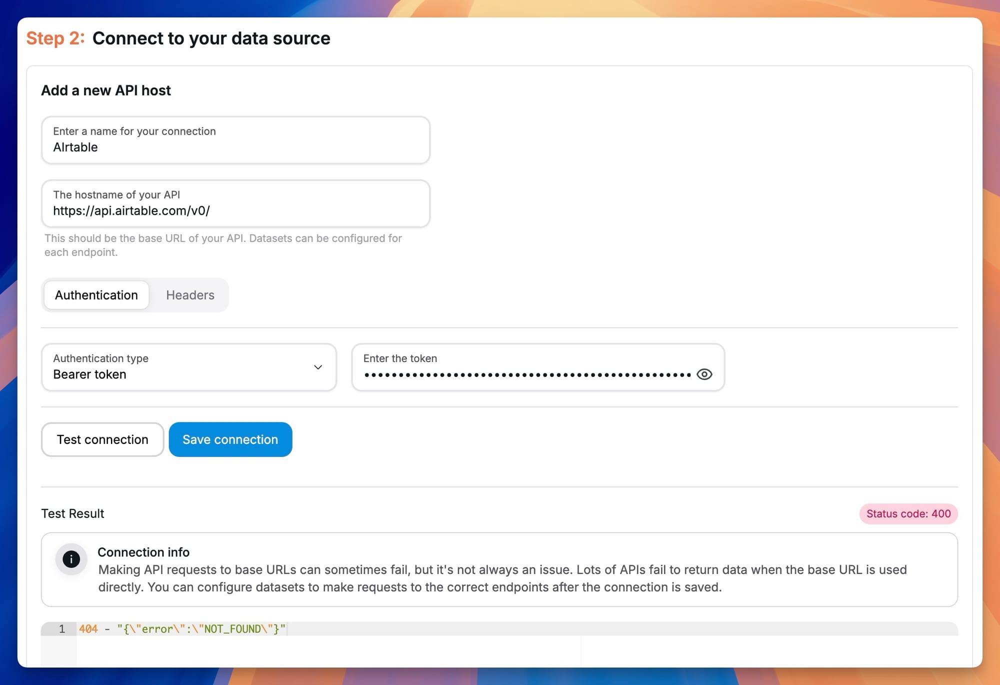Airtable connection form in Chartbrew
