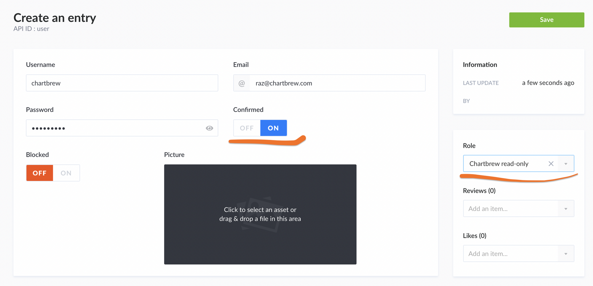 Create a new user in Strapi for Chartbrew